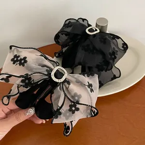 French Floral Mesh Bow Banana Clip For Women Organza Rhinestone Hair Claw Clip Elegant Ponytail Holder Hair Accessory