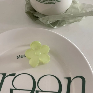 Détail de la pince à cheveux fleur vert clair sur une assiette décorative en céramique