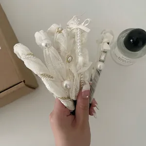 Serre-tête de Style Français INS en Dentelle et Künstliche Perles Vintage Élégant Blanc Cassé Nœud Doux Accessoires de Coiffure pour Femmes