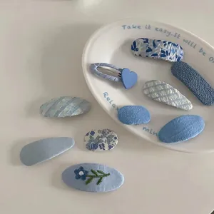 Cute Baby Girl Blue Patterned Hair Clips Set Fabric Wrapped BB Clips Handmade Floral Plaid Geometric Side Clips Hair Accessories