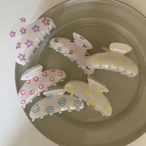 Large Acrylic Hair Claw Clip Korean Style Cream White With Yellow Sun Pattern Non-Slip Hair Accessories For Women Jewelry