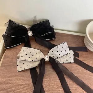 Vintage French Black Polka Dot Mesh Bow Hair Clip For Women Rhinestone Large Ribbon Spring Clip Sweet Girl Hair Accessories