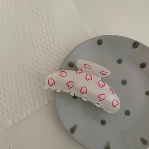 Floral smiley large hair claw clip in translucent white with pink heart patterns