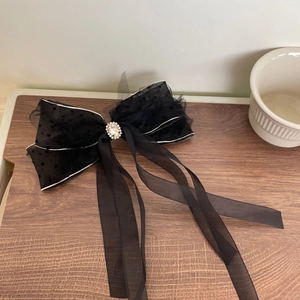 Black polka dot lace bow hair clip with crystal rhinestone and long satin ribbons