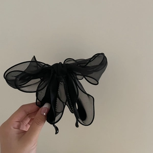 Elegant large black mesh bow banana hair clip for women ponytail styling