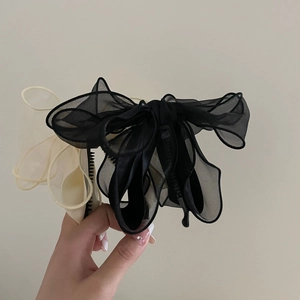Large mesh bow banana hair clip in black and beige layers for thick hair ponytail