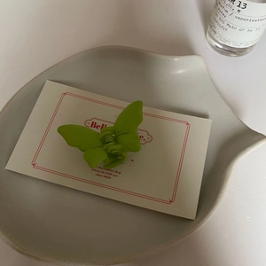 Détail de la pince à cheveux papillon vert avocat mat pour coiffure élégante