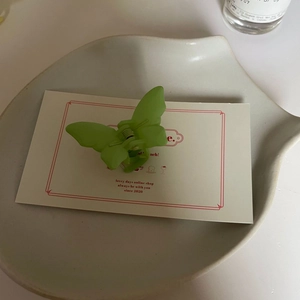 Vue détaillée d'une pince à cheveux papillon vert mat sur un plateau en céramique