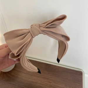 French style beige oversized chiffon bow headband with double layer fabric design