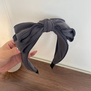 Morandi dark grey oversized chiffon bow headband with French minimalist elegant style