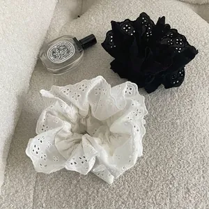 French Vintage Oversized Fabric Lace Scrunchies For Women Handmade Lolita Style Eyelet Embroidery Elastic Hair Ties Hair Accessories
