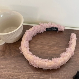 Pink floral lace headband for women with handmade 3D tulle flowers and vintage style