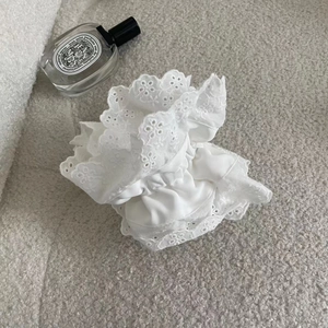 French vintage white lace scrunchie with floral embroidery and cotton ruffles