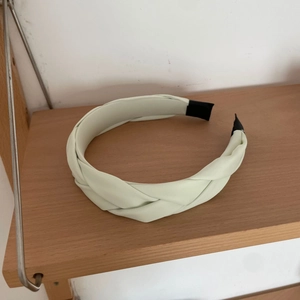 French retro light green braided headband with leather texture for high cranial top hair look