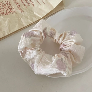 French style floral embroidered satin scrunchie in creamy beige with pink flowers