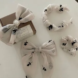 French Retro Black Rose Floral Satin Headband Scrunchie And Bow Hair Clip Collection With Artificial Pearl Rhinestone For Women