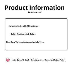 Detailed chart showing satin bow hair clip material, rhinestone accents, and 15cm size