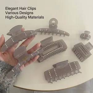 Pince à Cheveux Crabe en Acrylique Gris Semi-Translucide Style Français Avec Strass Grande Pince Géométrique pour Femmes