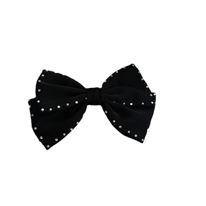 Elegant black bow hair clip with sparkling silver rhinestones and white pearls detail