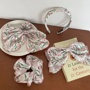 Élégant Bandeau à Imprimé Tulipes Roses Nœud Ruban Style Pastoral Coréen Chouchous en Tissu Floral pour Femmes Accessoires Cheveux