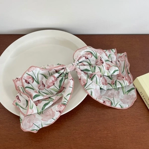 Chouchou ruban à nœud en tissu avec imprimé floral de tulipes roses style français