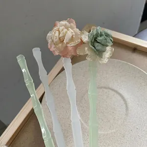 Traditional Style Flower Hair Stick Acrylic Bamboo Shape Hairpin Elegant Pink Fabric Flower Hair Jewelry For Women