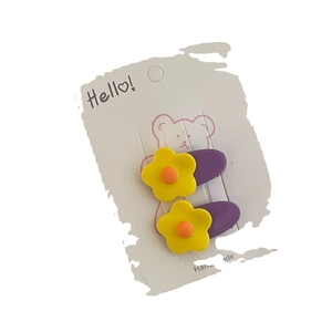 Handmade set of 2 cute purple hair clips with yellow sun flowers on white display card