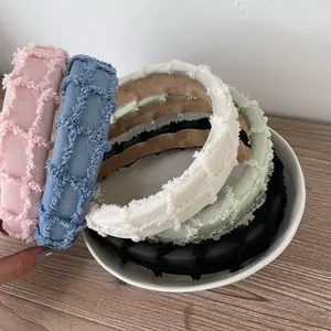 Women Padded Fuzzy Grid Texture Headband Korean Fashion Non-slip Sponge Heightening Hairband Elegant Cloth Hair Accessories