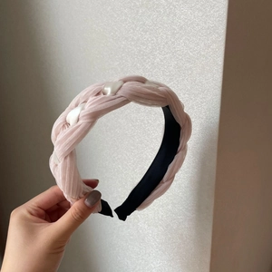 Serre-tête tressé en mousseline rose et blanc style français avec design à couronne haute