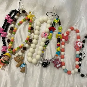 Handmade Beaded Phone Charm Korean Style Cute Resin Artificial Pearl Heart Flower Pendant Mobile Phone Lanyard For Women Girls