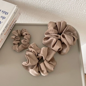 Three-piece set of elegant brown satin silk hair scrunchies in various sizes