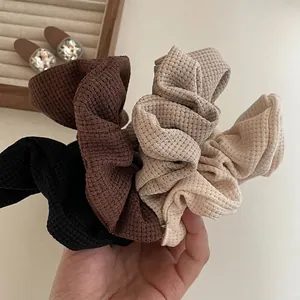 Chouchous en Coton et Lin Tissage Gaufré Style Français pour Femmes Automne Hiver Grands Chouchous Élastiques en Tissu