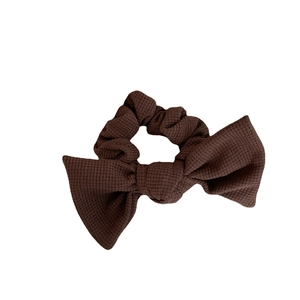 Elegant dark brown waffle knit bow scrunchie for women with French vintage style