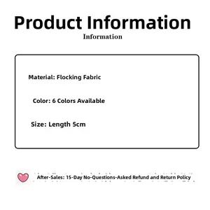 Detail specifications card for 5cm flocked fabric hair clips in six assorted colors