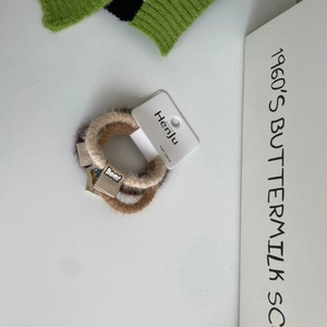 Set of two plush hair scrunchies in beige and brown with cute cloth bear label