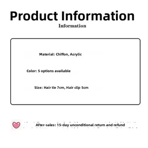 Size specifications for chiffon hair scrunchies and acrylic clips in five varied styles