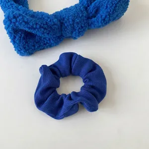 Minimalist Klein blue ribbed knit scrunchie with high elasticity for women's hair styling