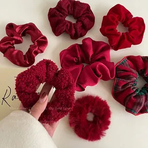 French Vintage Red Scrunchie Fabric Artificial Fur Lamb Wool Hair Ties High Elastic Sweet Ponytail Holder For Women Girls
