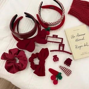 French Retro Red Hair Accessories Velvet Headband Houndstooth Hair Clip Lamb Wool Scrunchie For Women Holiday Styling
