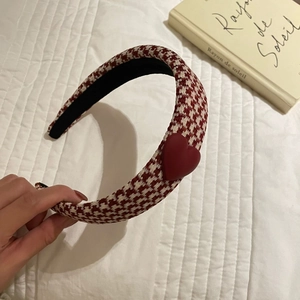 French style red and white houndstooth headband with heart charm detail