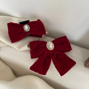 Vintage Wine Red Velvet Bow Hair Clip With Faux Artificial Pearl Rhinestone Elegant Fabric Hairpin For Women Party Daily Hair Accessories