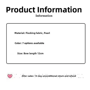 Specifications chart for velvet pearl hair clips with material details and 12cm dimensions