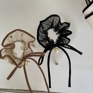 French Vintage Organza Bow Scrunchie For Women Elegant Artificial Pearl Pendant Rhinestone Mesh Hair Tie Long Ribbon Satin Hair Rope
