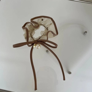 French style light brown organza hair scrunchie with bow, pearl pendant and beads