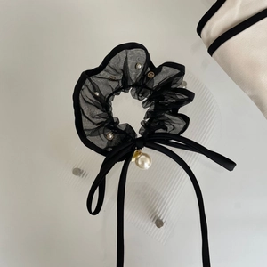 Elegant black organza scrunchie with pearls, crystals and long bow ribbon detail