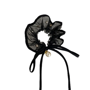 Elegant French black organza scrunchie with rhinestones, pearls and a long ribbon bow