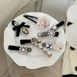 French Elegant Beige Ribbon Bowknot Hair Clip With Artificial Pearls Vintage Lace Fabric Duckbill Clip For Women Hair Accessories