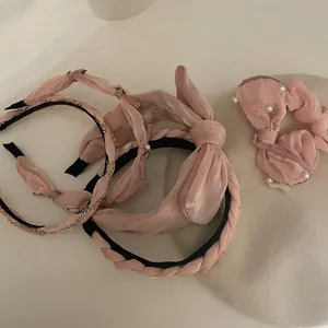Set di cerchietti rosa in stile francese con fiocchi e perline in tessuto chiffon morbido