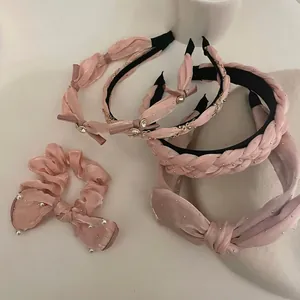Cerchietto Francese Rosa Con Fiocco Künstliche Perle Sintetiche Strass Per Donna Dolce Texture Satinata Tessuto Chiffon Accessori Capelli