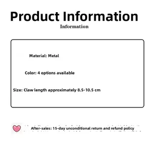 Detailed chart showing metal hair claw clips specifications with sizes from 8.5 to 10.5cm